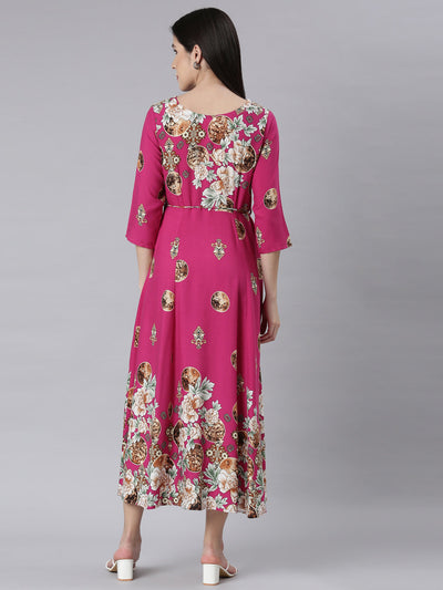 Neerus Magenta Curved Casual Floral Maxi Dresses