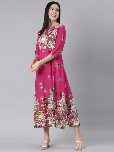 Neerus Magenta Curved Casual Floral Maxi Dresses