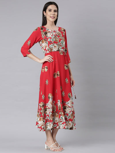 Neerus Red Curved Casual Floral Maxi Dresses