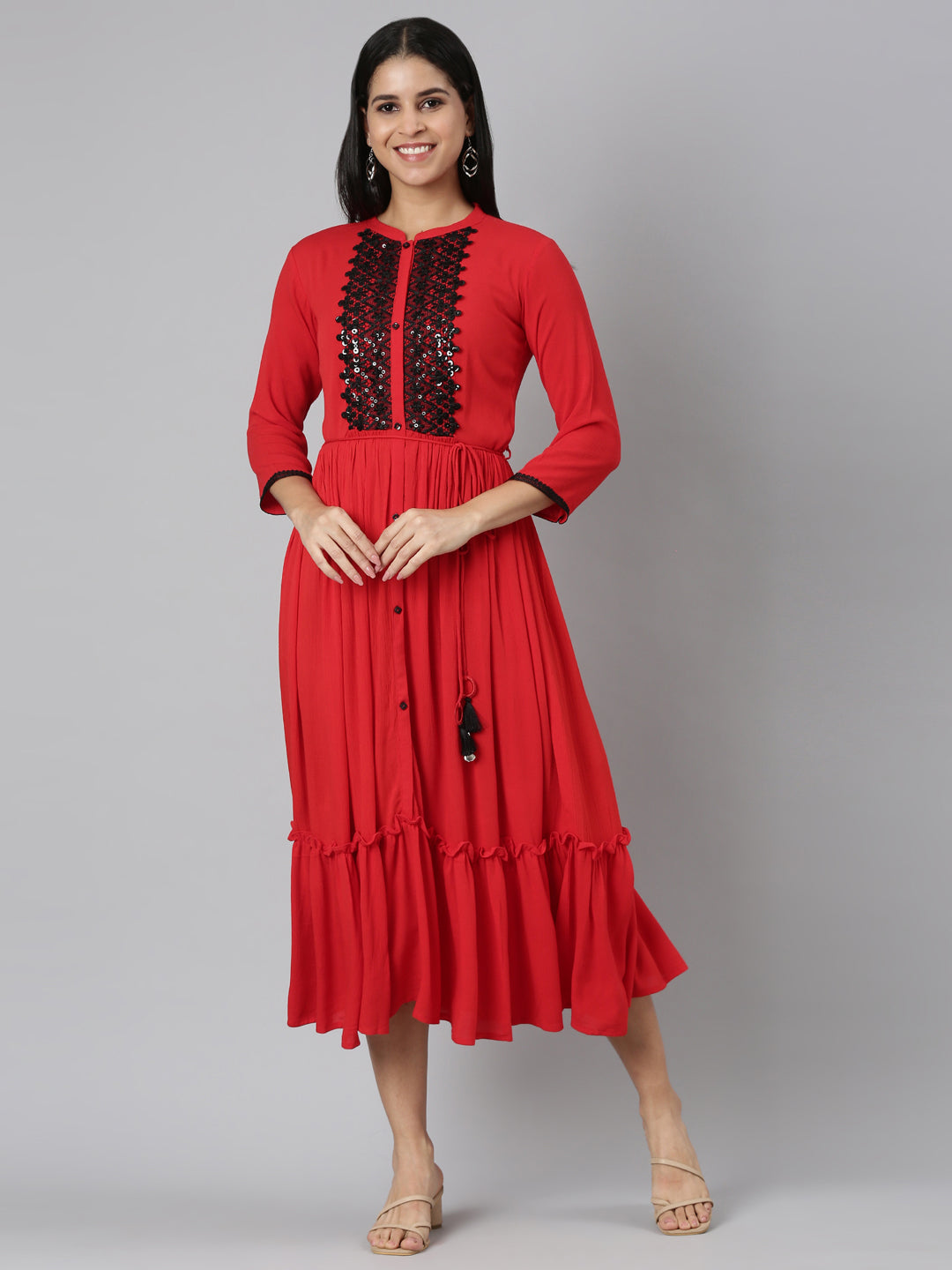 Neerus Red Flared Casual Solid Maxi Dresses