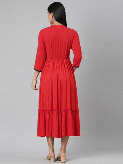 Neerus Red Flared Casual Solid Maxi Dresses