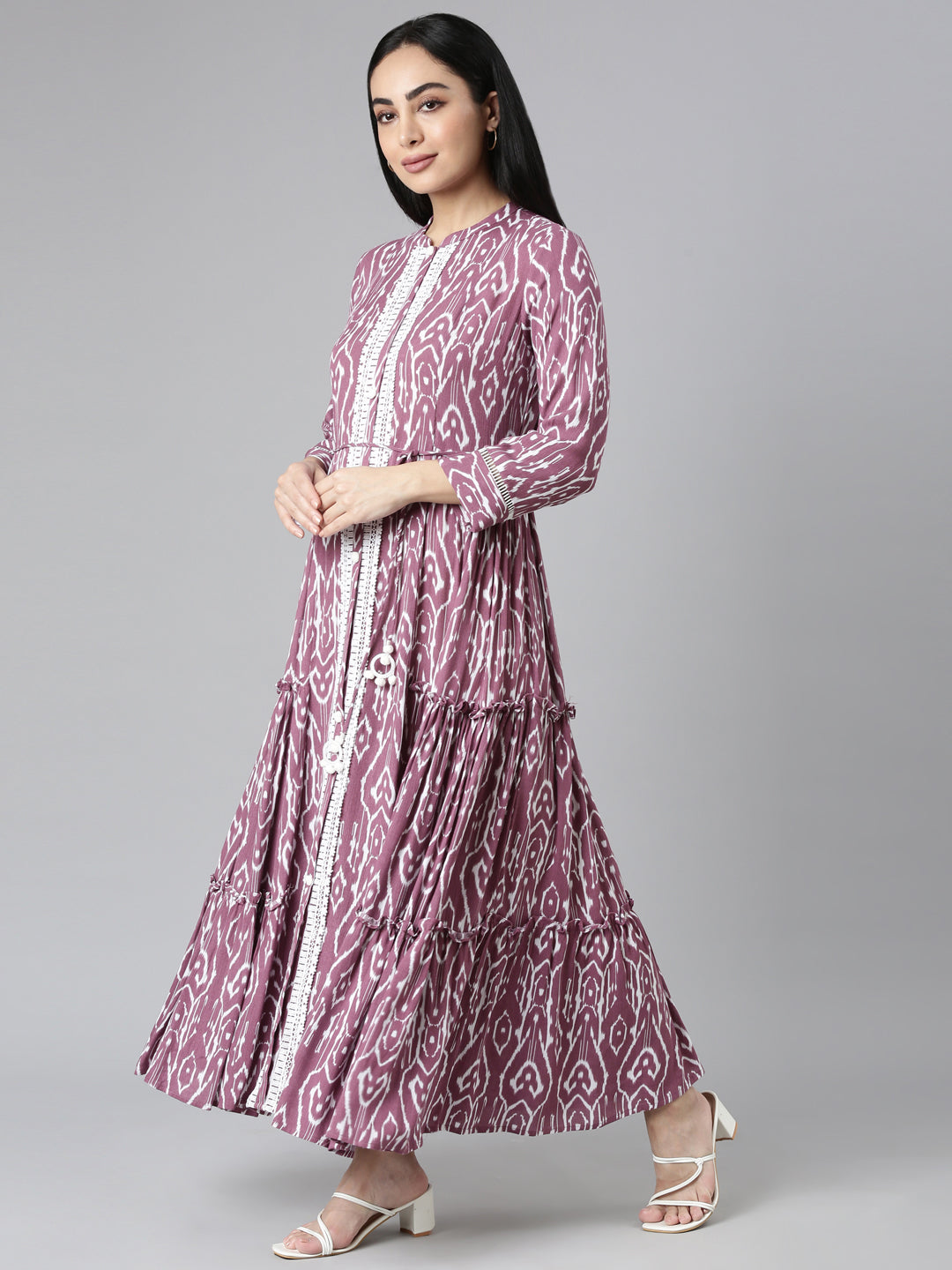 Neerus Purple Flared Casual Ethnic Motifs Maxi Dresses