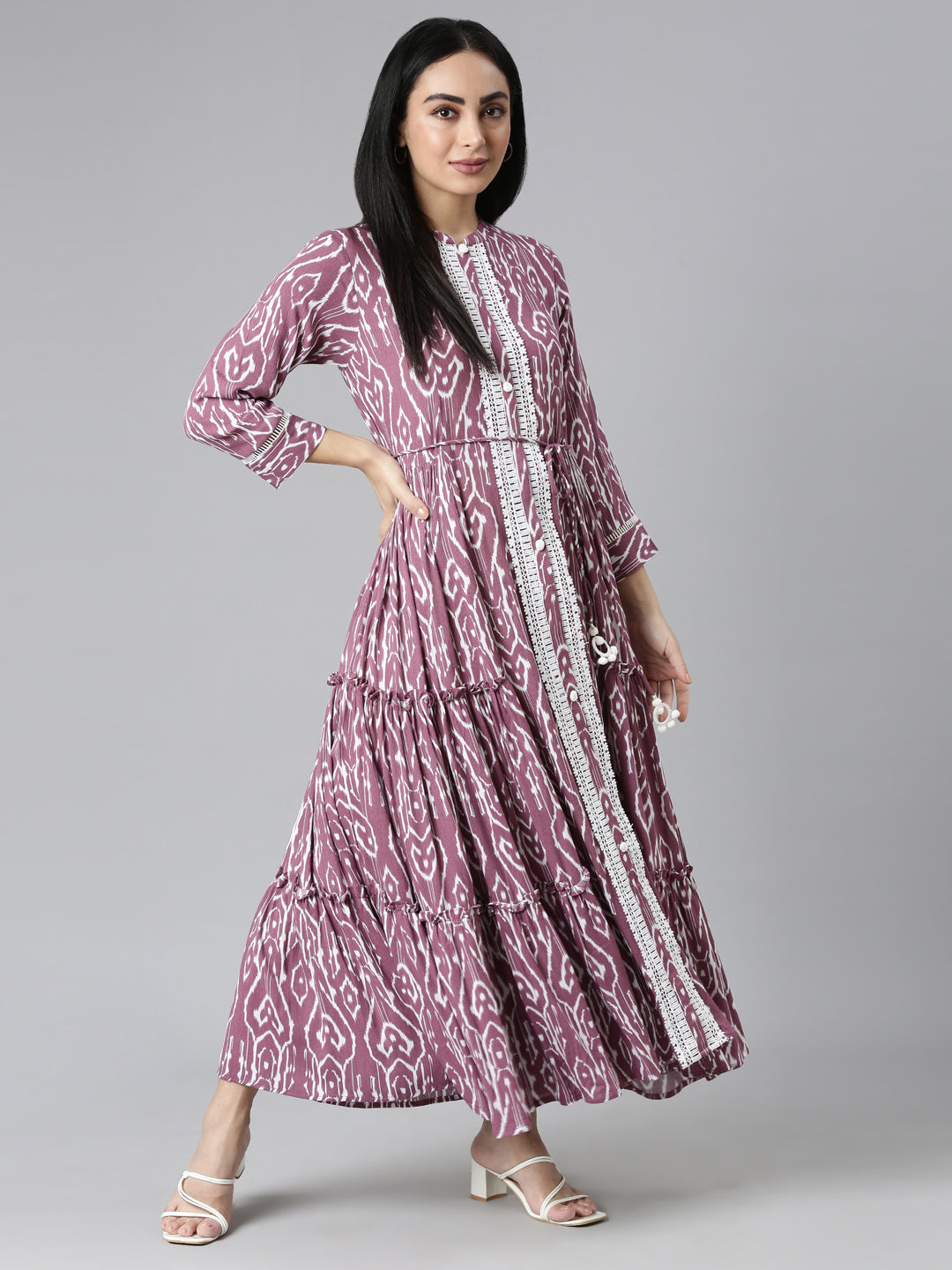 Neerus Purple Flared Casual Ethnic Motifs Maxi Dresses