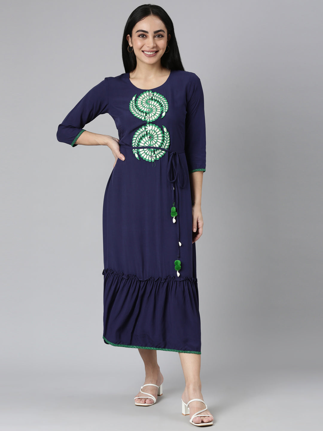 Neerus Blue Flared Casual Solid Maxi Dresses