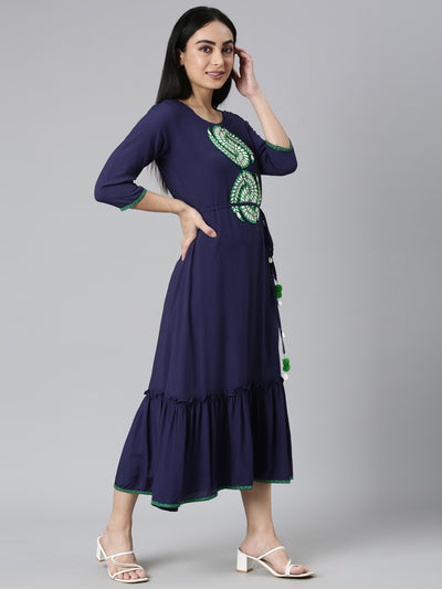 Neerus Blue Flared Casual Solid Maxi Dresses