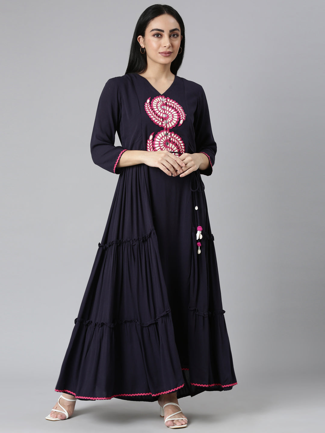 Neerus Navy Blue Flared Casual Solid Maxi Dresses