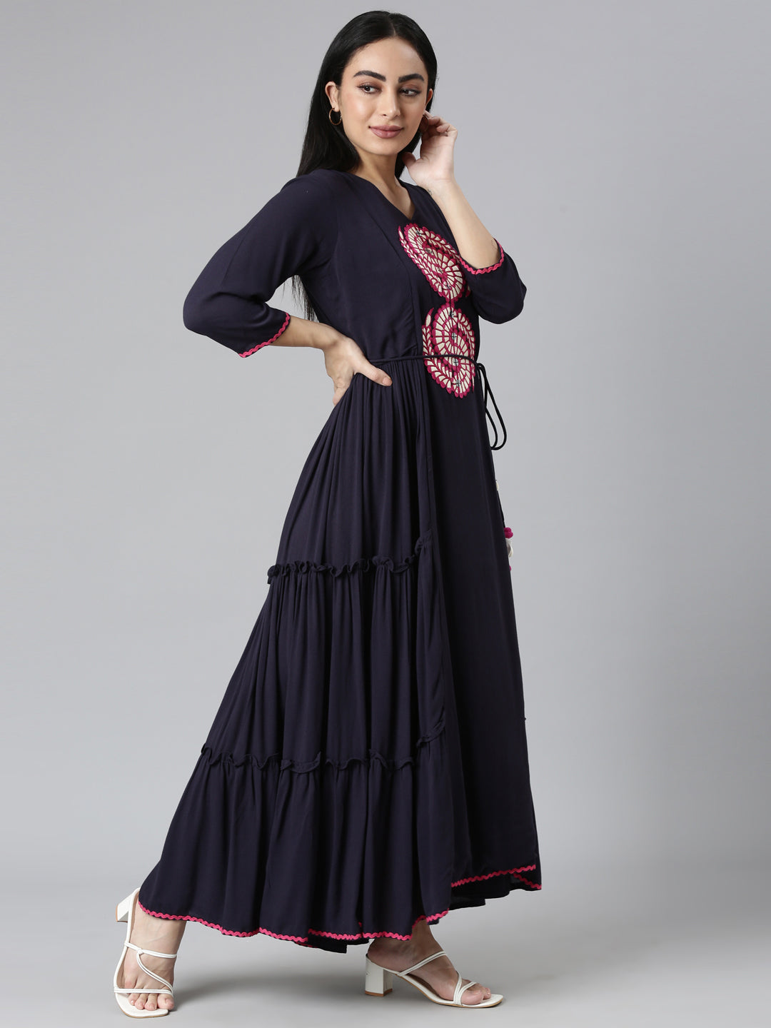 Neerus Navy Blue Flared Casual Solid Maxi Dresses