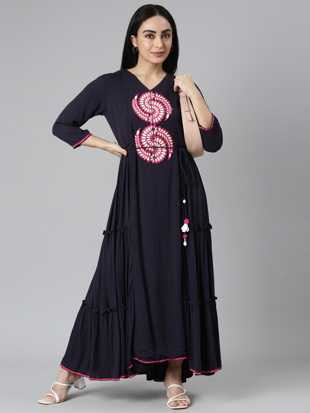 Neerus Navy Blue Flared Casual Solid Maxi Dresses