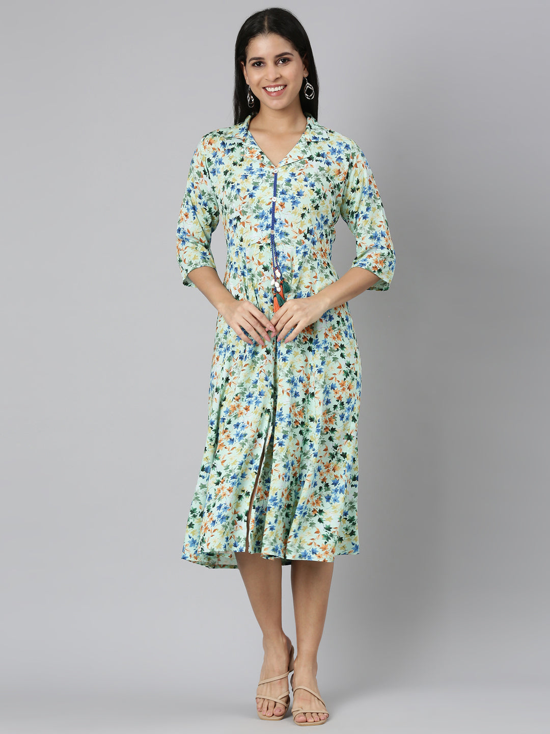 Neerus Green Flared Casual Floral Fit and Flare Dresses