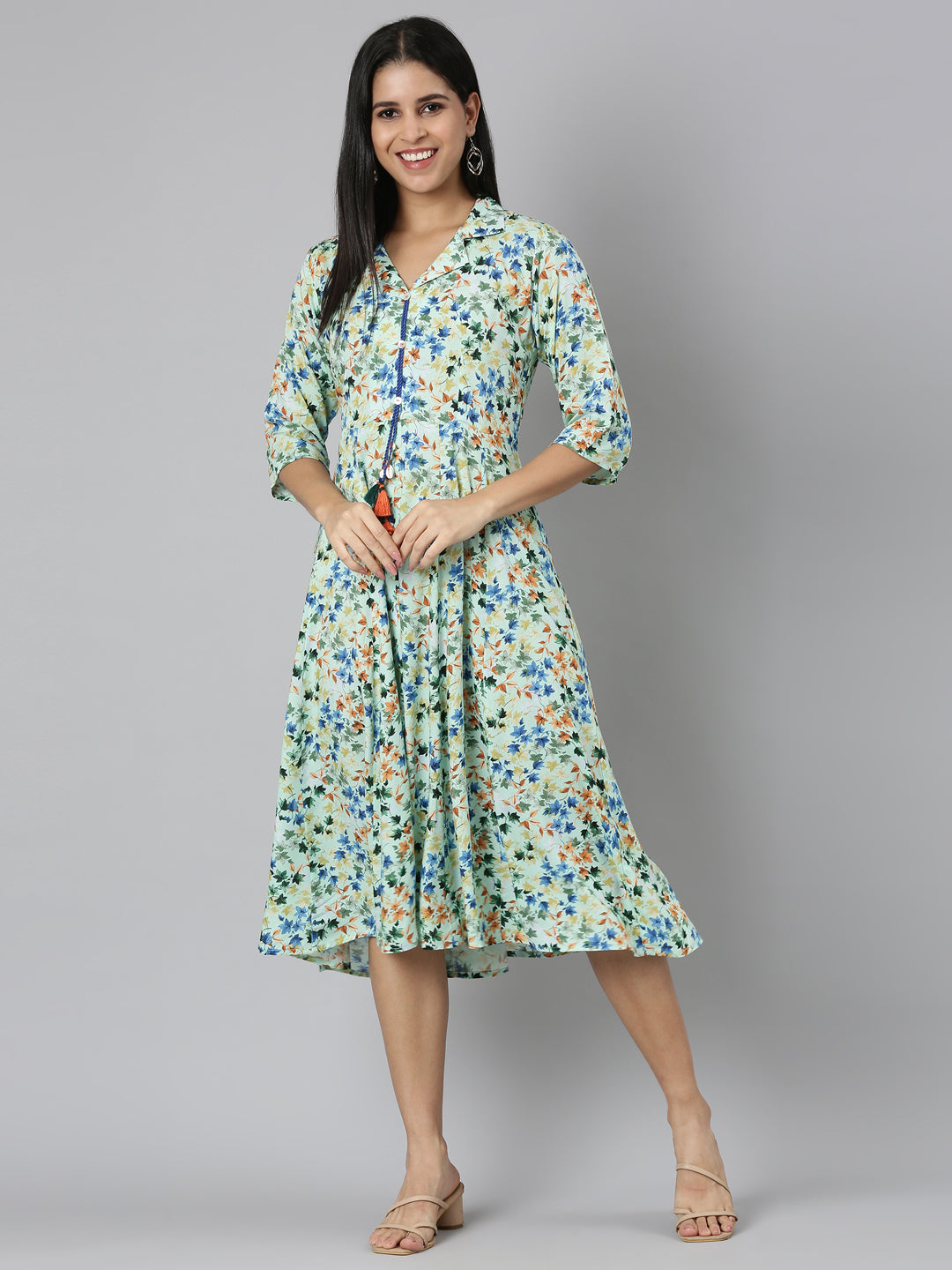 Neerus Green Flared Casual Floral Fit and Flare Dresses