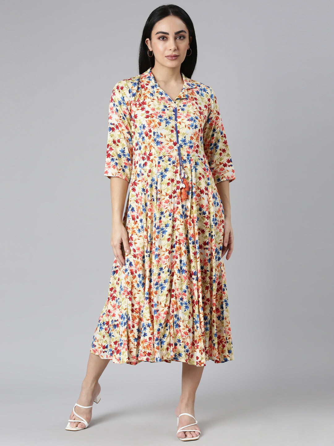 Neerus Yellow Flared Casual Floral Fit and Flare Dresses