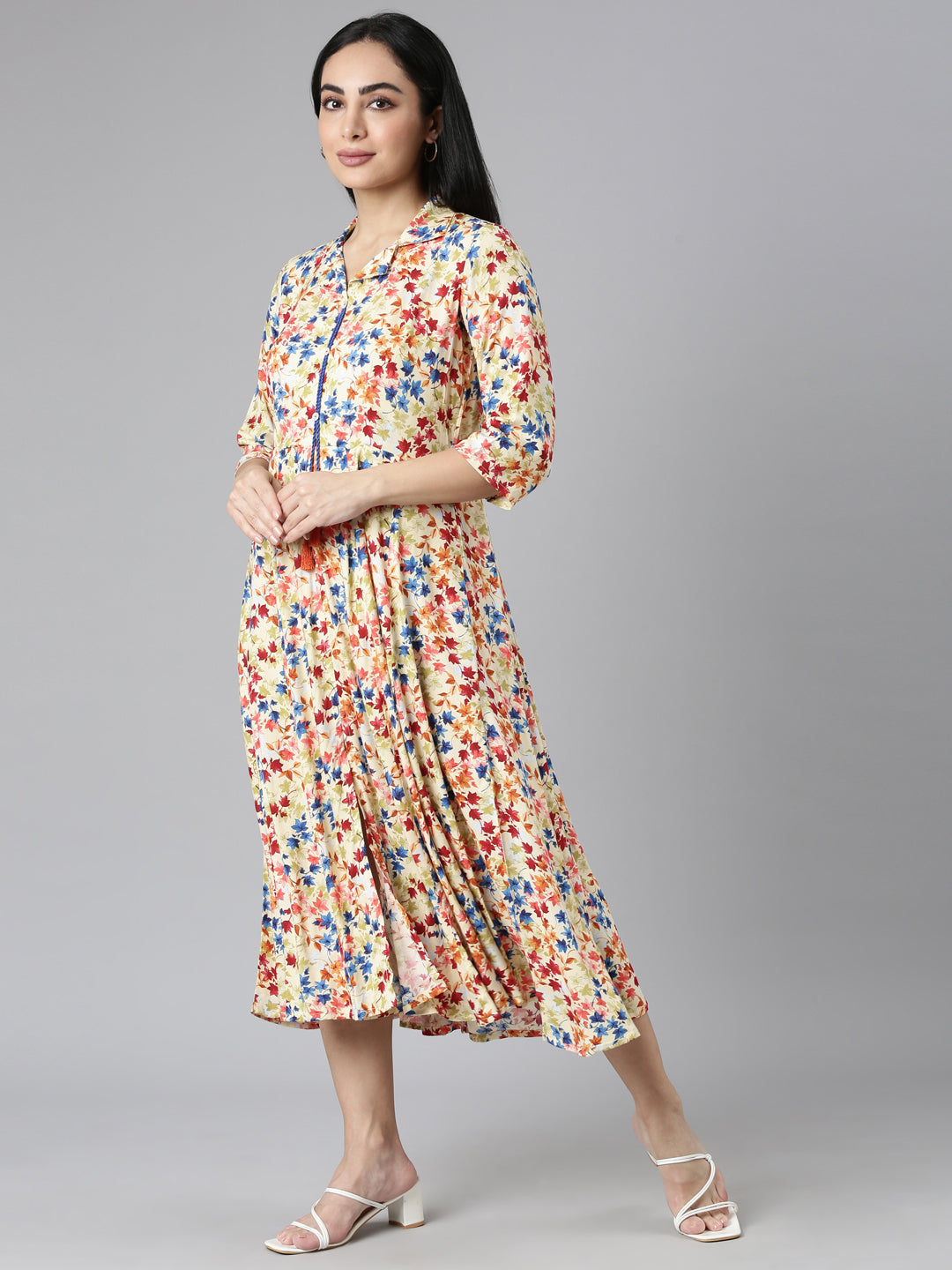 Neerus Yellow Flared Casual Floral Fit and Flare Dresses