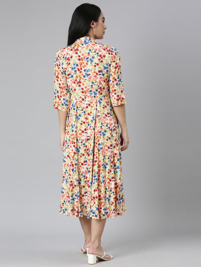 Neerus Yellow Flared Casual Floral Fit and Flare Dresses