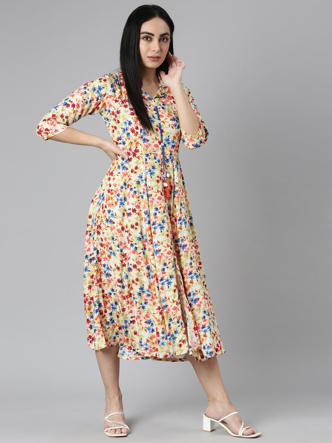 Neerus Yellow Flared Casual Floral Fit and Flare Dresses