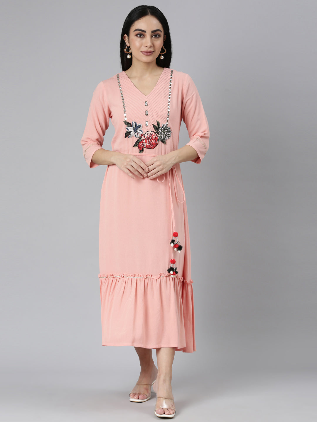 Neerus Peach Straight Casual Floral Straight Kurtas