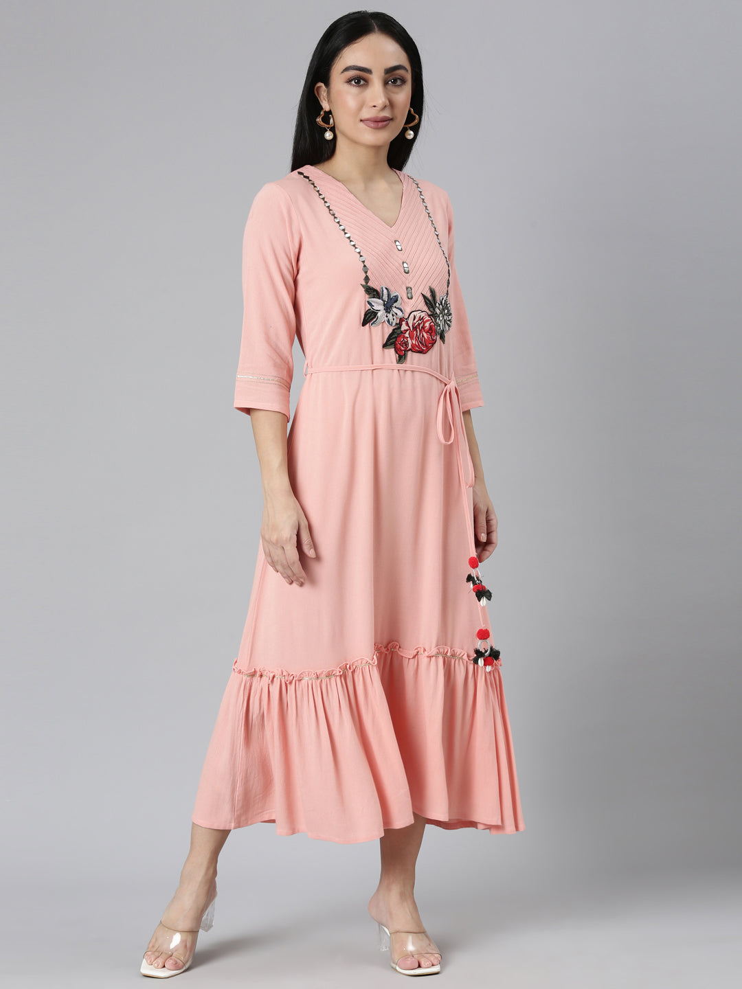 Neerus Peach Straight Casual Floral Straight Kurtas