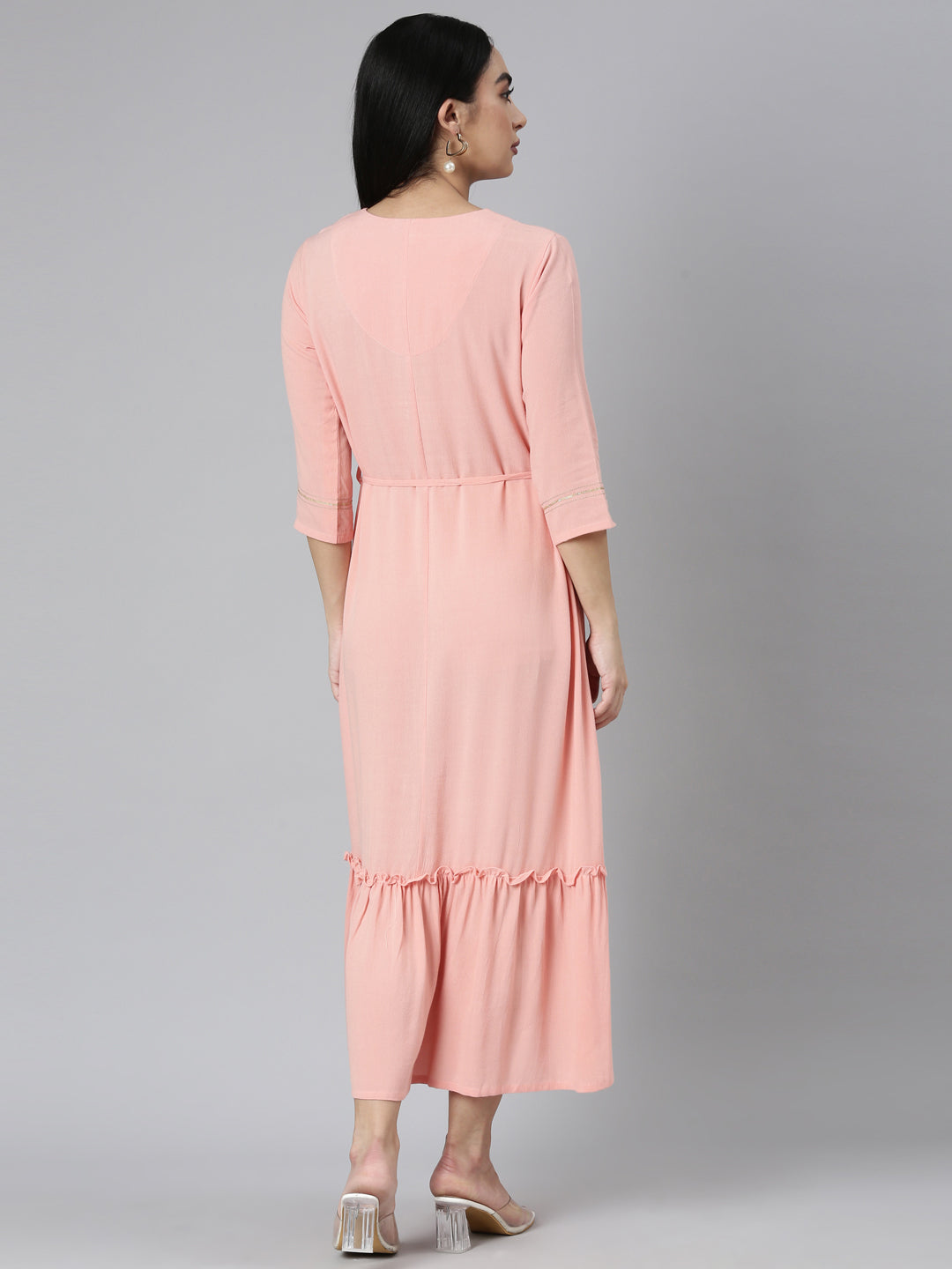 Neerus Peach Straight Casual Floral Straight Kurtas