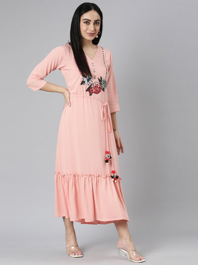 Neerus Peach Straight Casual Floral Straight Kurtas