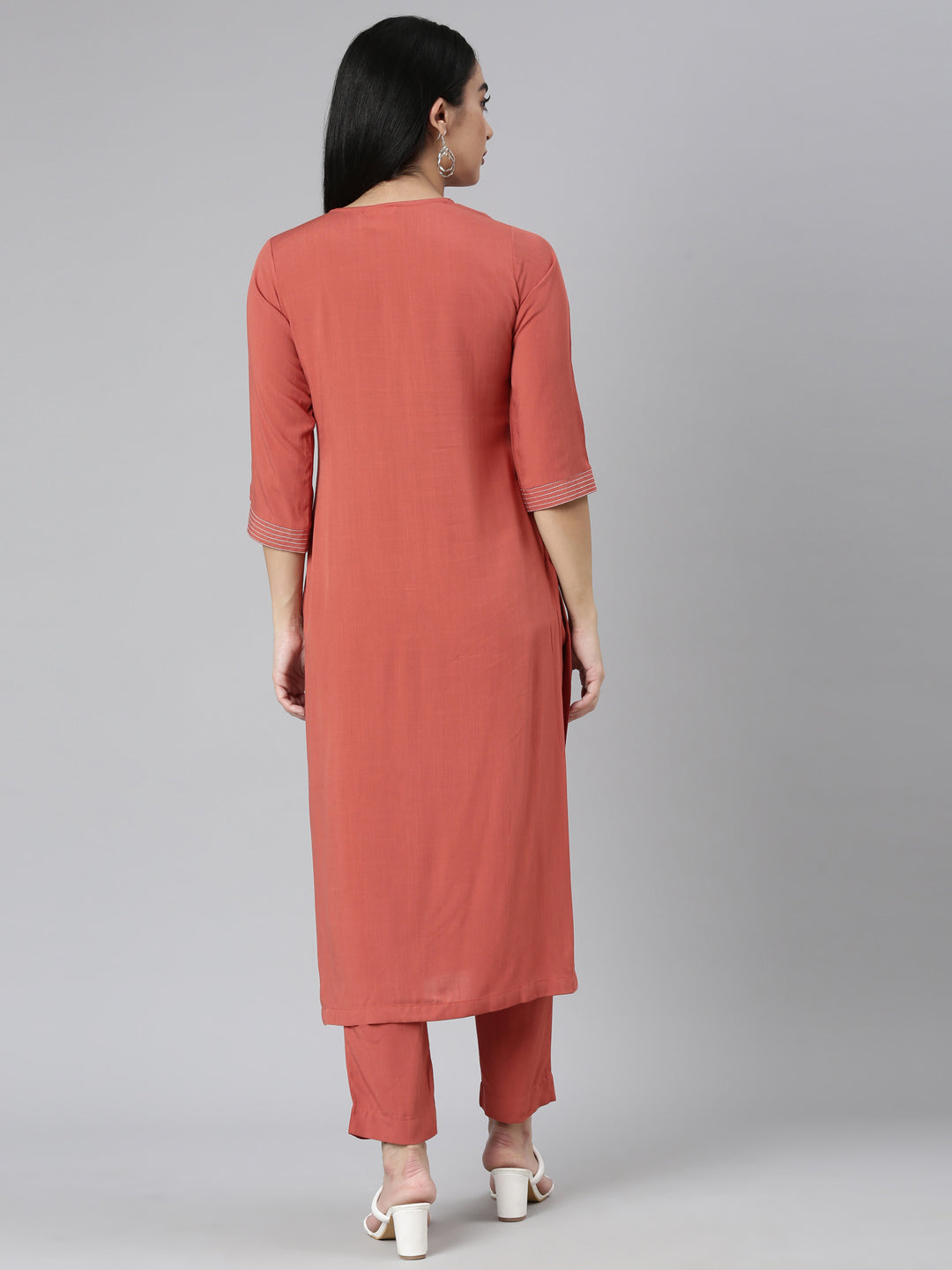 Neerus Orange Regular Straight Solid Kurta and Trousers