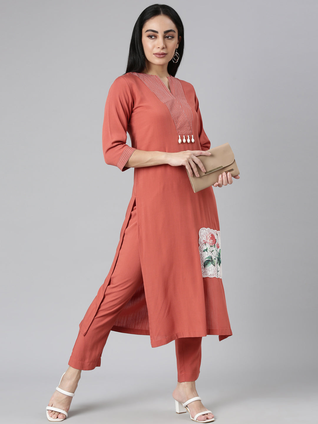 Neerus Orange Regular Straight Solid Kurta and Trousers