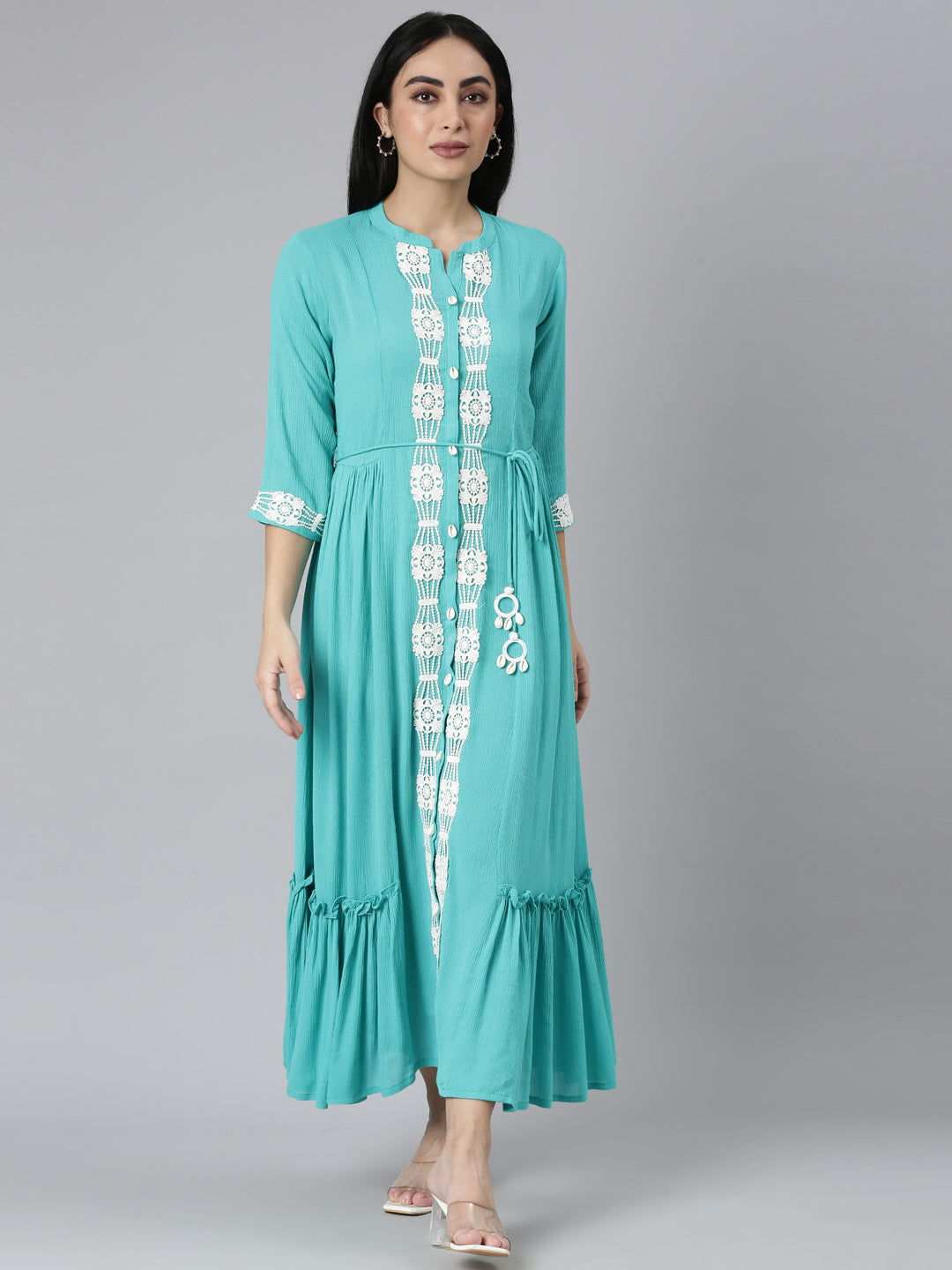 Neerus Blue Flared Casual Solid Maxi Dresses