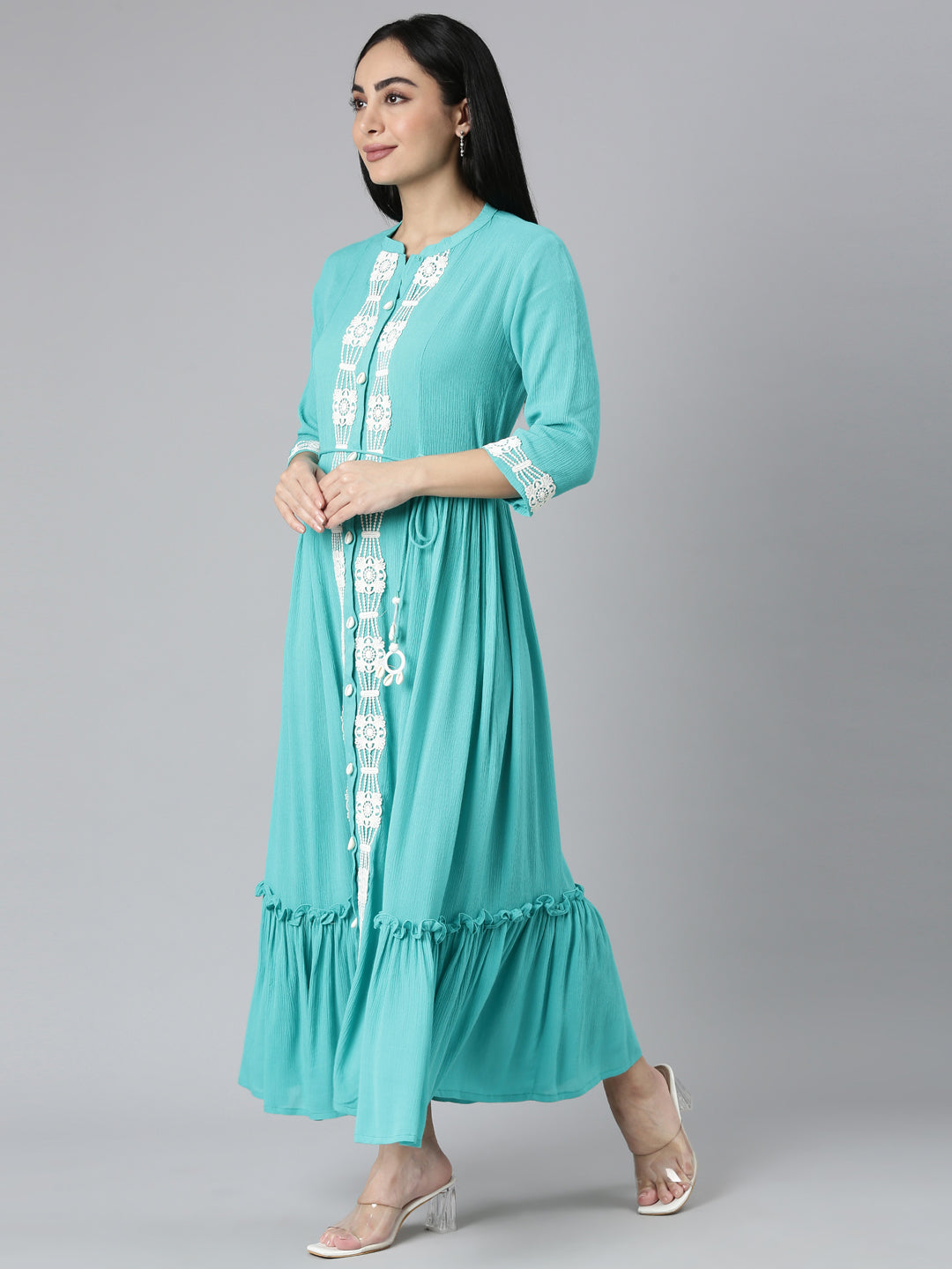 Neerus Blue Flared Casual Solid Maxi Dresses