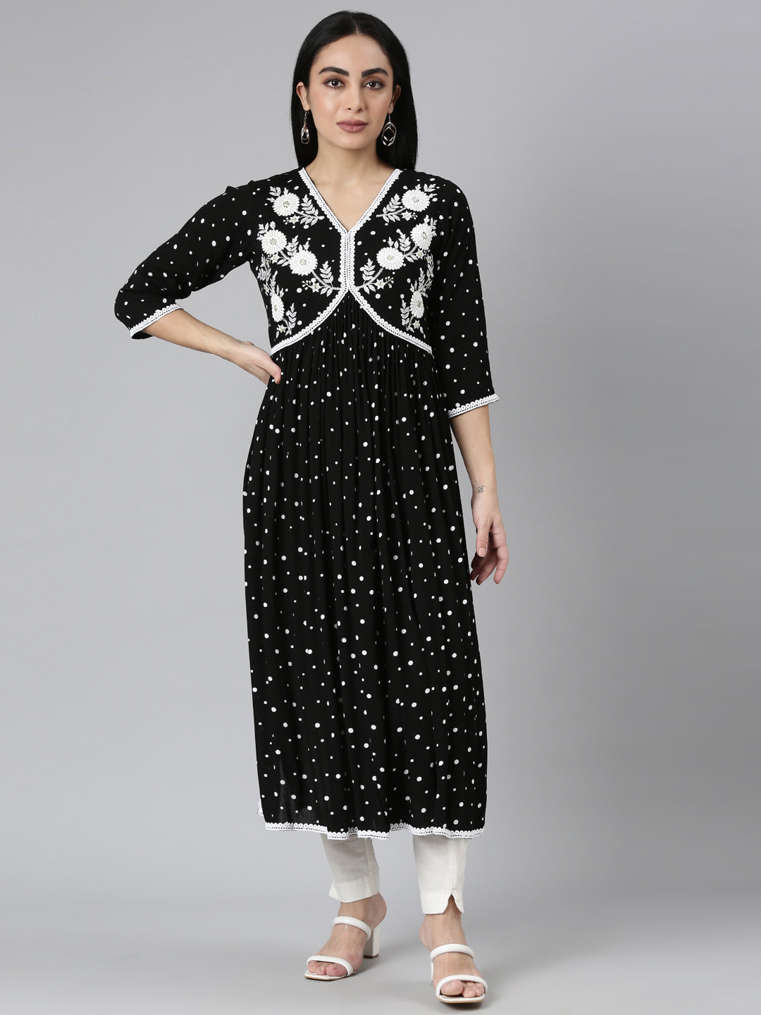 Neerus Black Straight Casual Floral Anarkali Kurtas