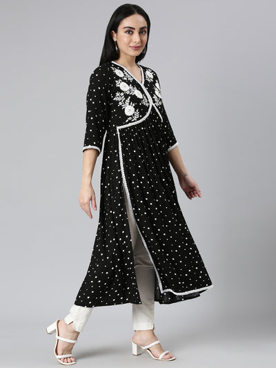 Neerus Black Straight Casual Floral Anarkali Kurtas