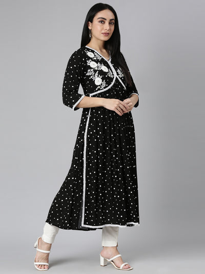 Neerus Black Straight Casual Floral Anarkali Kurtas