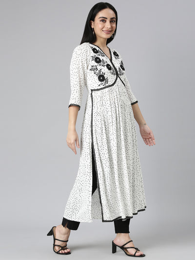 Neerus White Straight Casual Floral Anarkali Kurtas