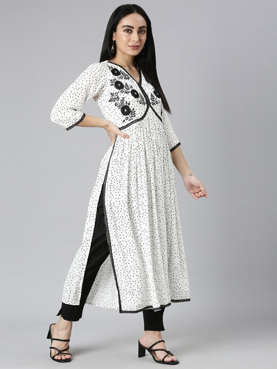 Neerus White Straight Casual Floral Anarkali Kurtas