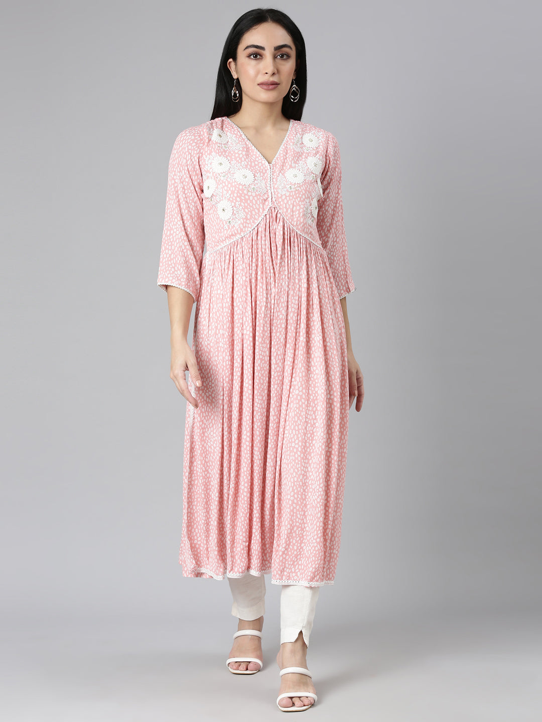 Neerus Pink Straight Casual Floral Anarkali Kurtas