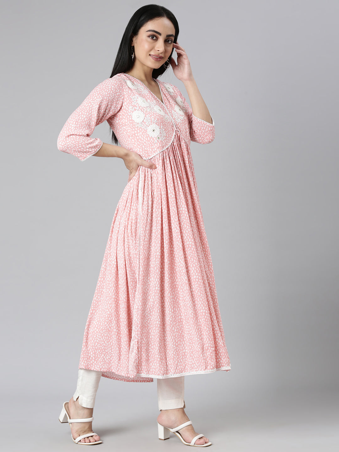 Neerus Pink Straight Casual Floral Anarkali Kurtas