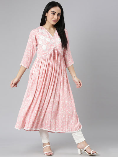 Neerus Pink Straight Casual Floral Anarkali Kurtas