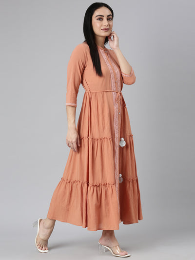 Neerus Orange Flared Casual Solid Maxi Dresses