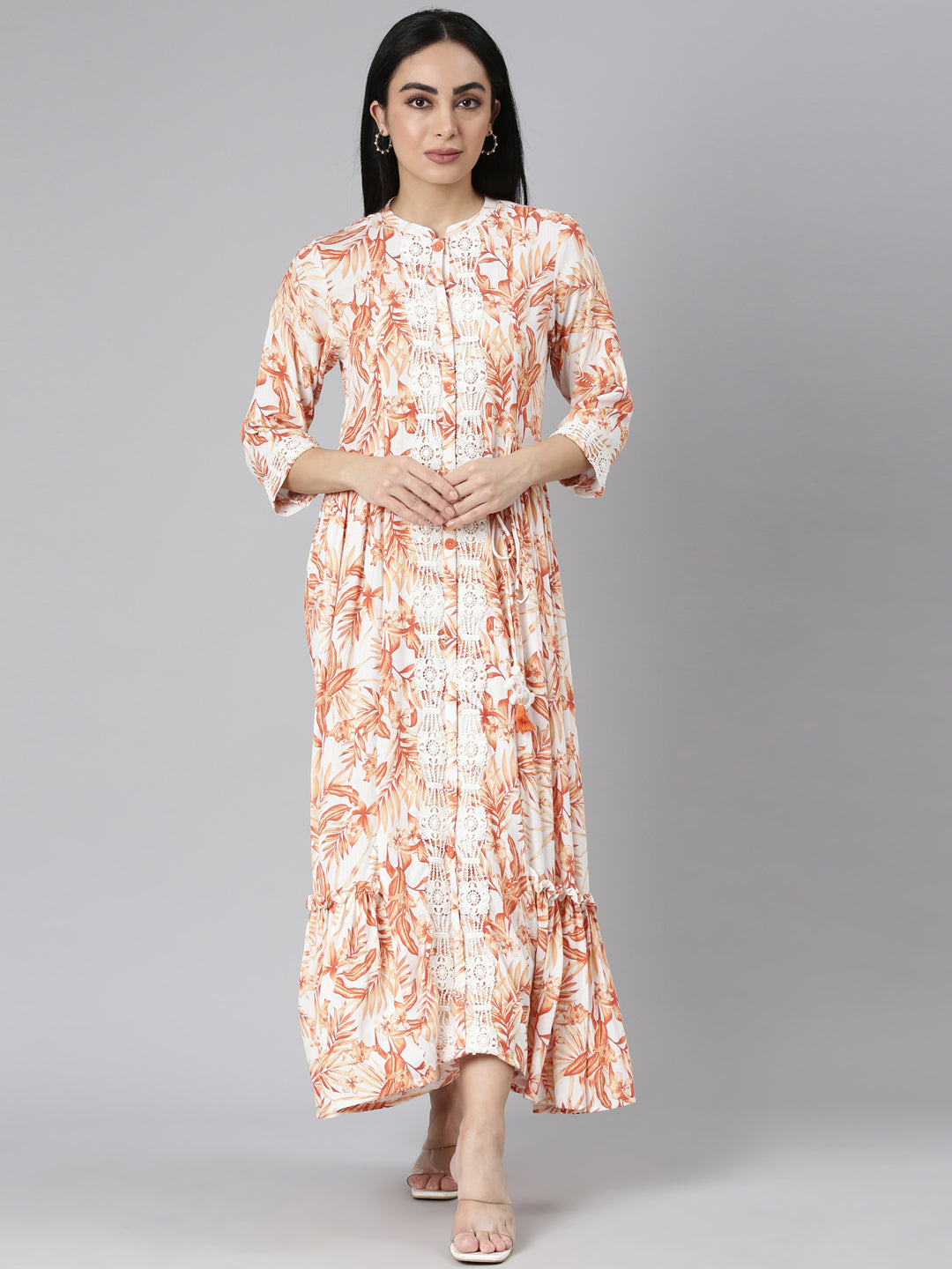 Neerus Orange Flared Casual Floral Maxi Dresses