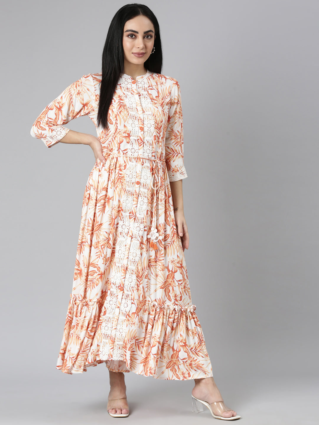 Neerus Orange Flared Casual Floral Maxi Dresses