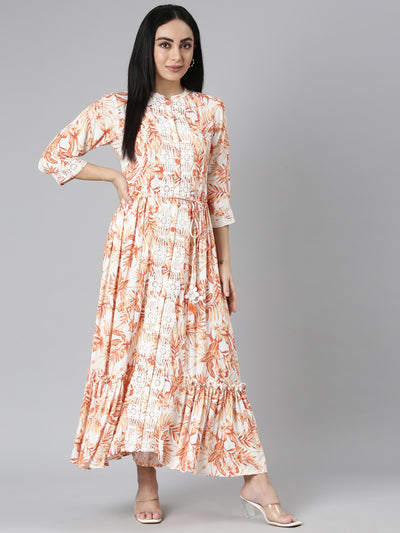 Neerus Orange Flared Casual Floral Maxi Dresses