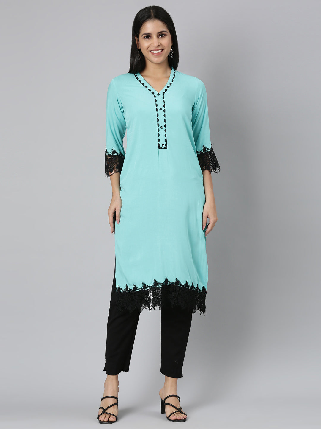 Neerus Sea Green Straight Casual Solid Straight Kurtas