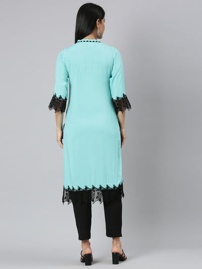 Neerus Sea Green Straight Casual Solid Straight Kurtas