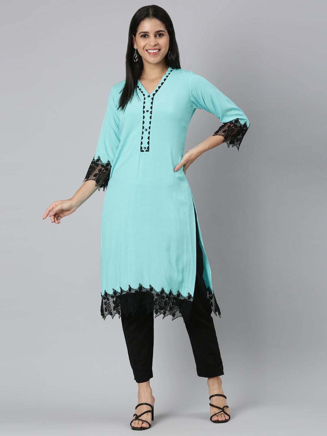 Neerus Sea Green Straight Casual Solid Straight Kurtas