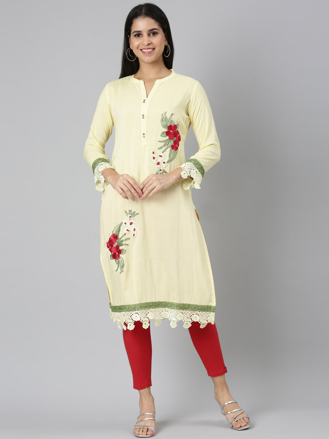 Neerus Yellow Straight Casual Floral Straight Kurtas