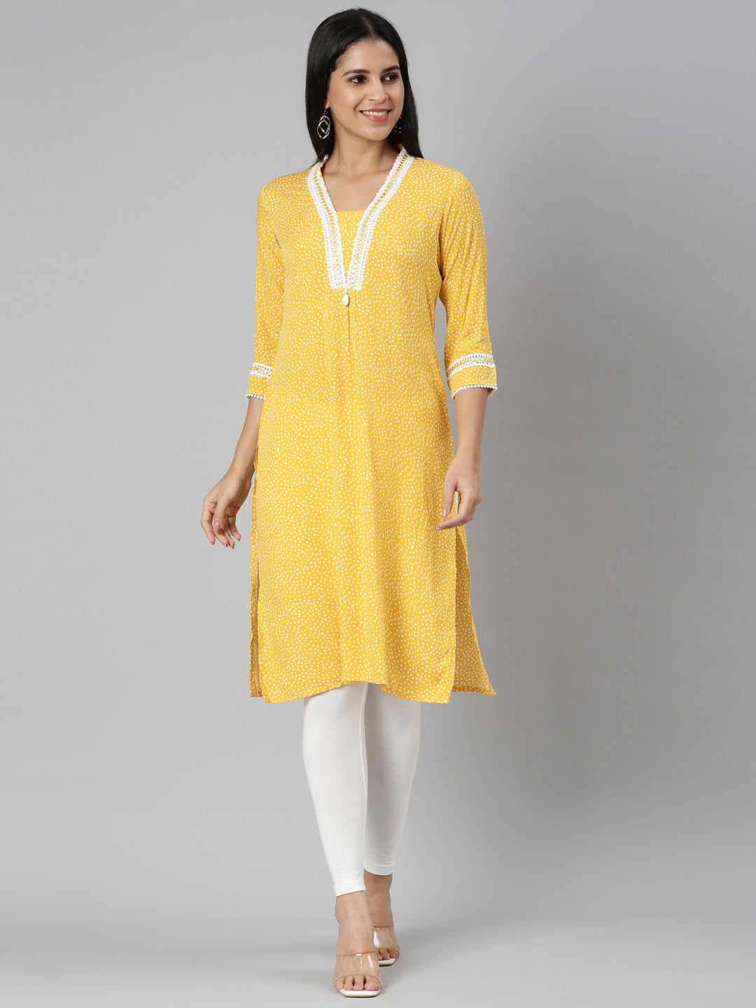 Neerus Mustard Straight Casual Bandhani Straight Kurtas