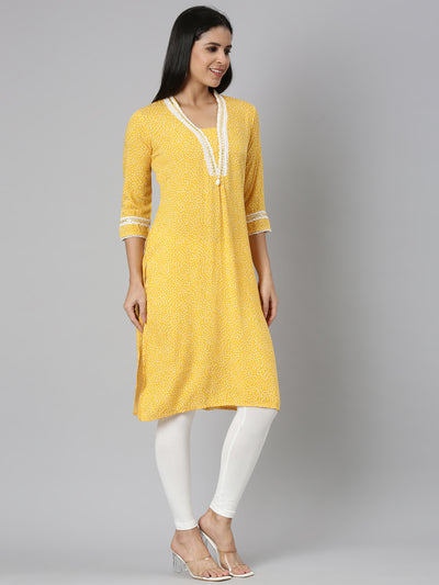 Neerus Mustard Straight Casual Bandhani Straight Kurtas