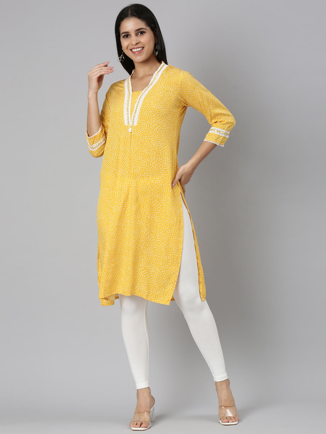 Neerus Mustard Straight Casual Bandhani Straight Kurtas