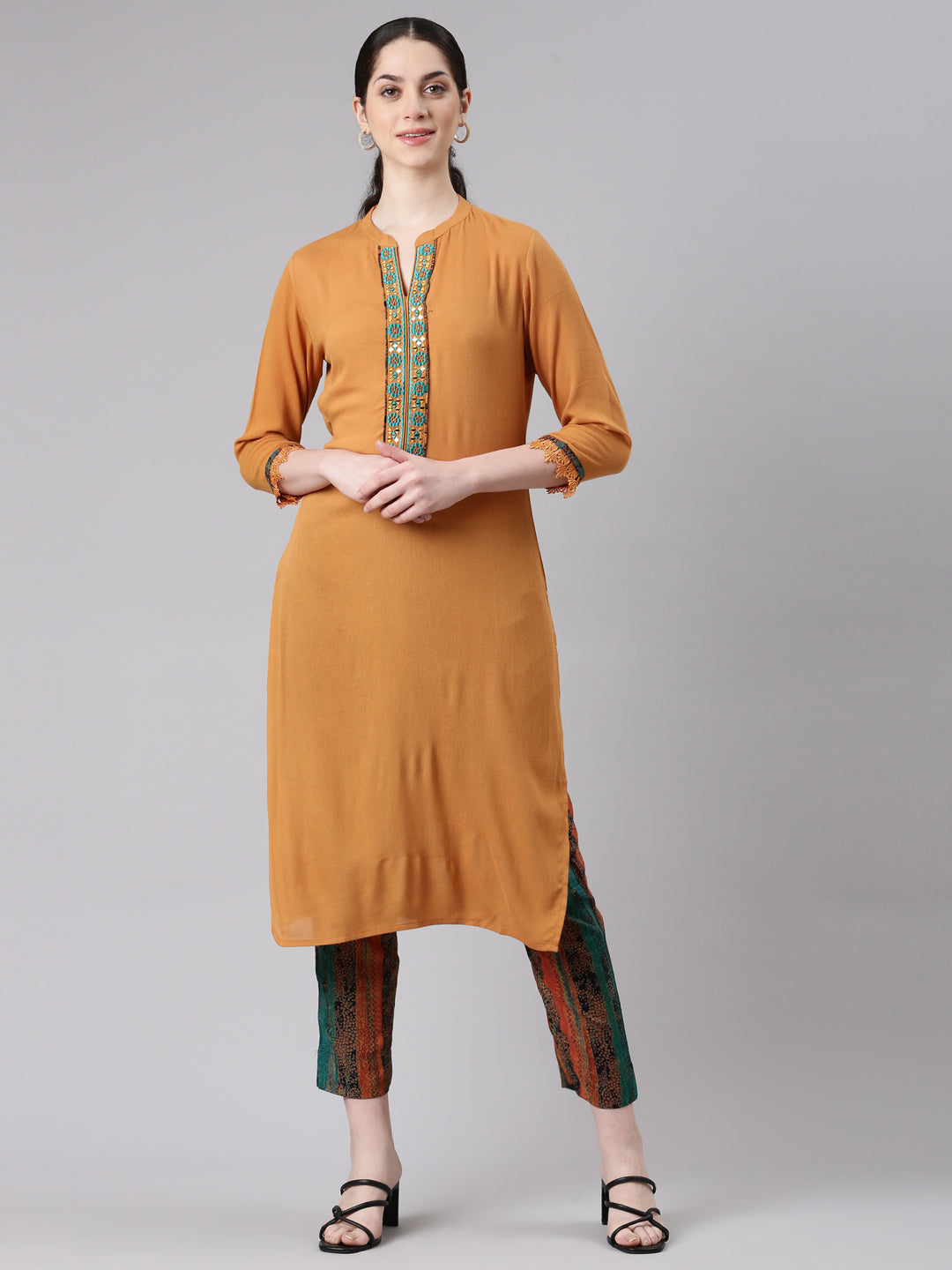 Neerus Women Mustard Straight Kurta and Trousers