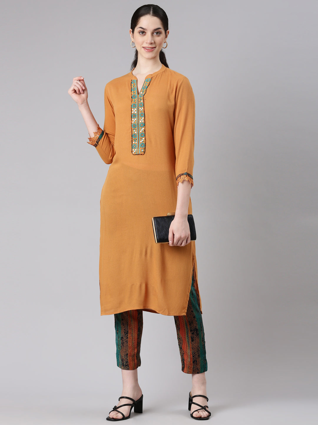 Neerus Women Mustard Straight Kurta and Trousers