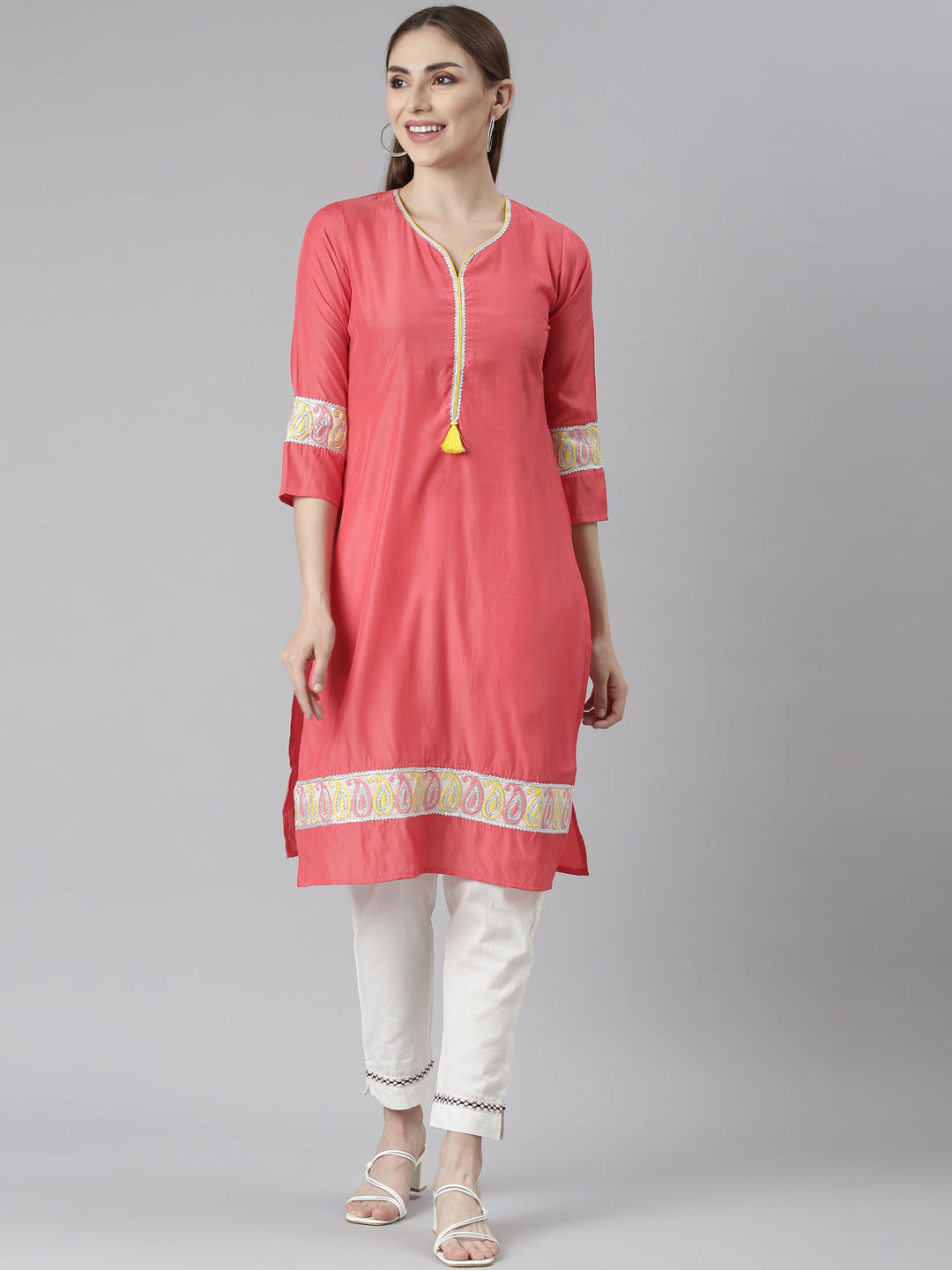 Neeru's Orange Regular Straight Solid Kurtas