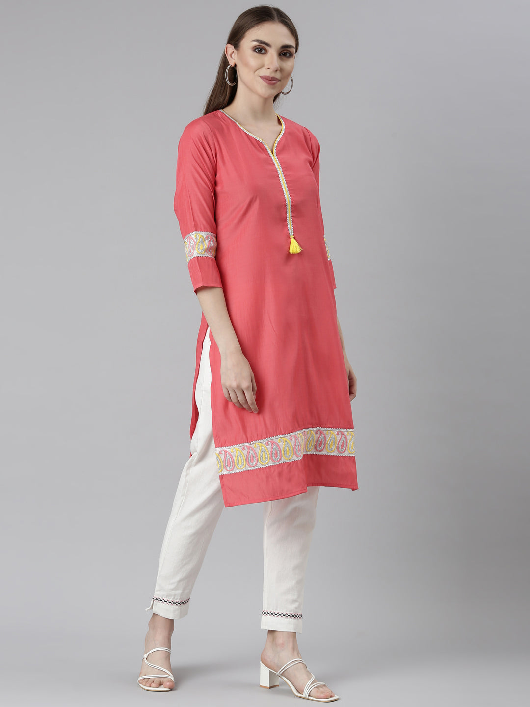 Neeru's Orange Regular Straight Solid Kurtas