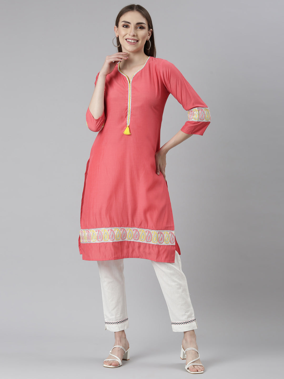 Neeru's Orange Regular Straight Solid Kurtas